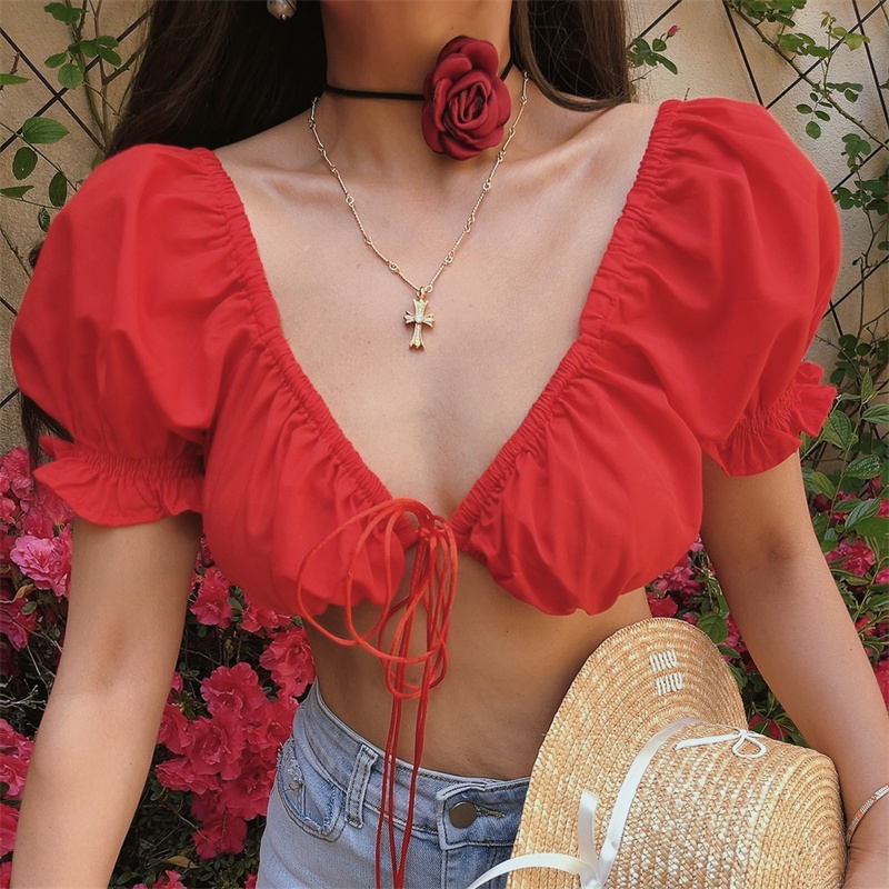 Puff Sleeve Deep V Tie Top - European & American Style, Ultra-Short Design for Spicy Girls, Perfect for Holiday and Night Out. Puff Sleeve Deep V Tie Top - European & American Style, Ultra-Short Design for Spicy Girls, Perfect for Holiday and Night Out.