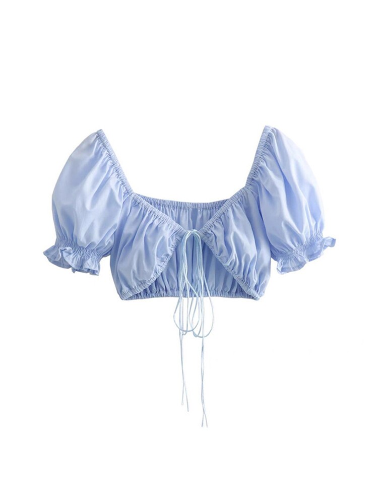 Puff Sleeve Deep V Tie Top - European & American Style, Ultra-Short Design for Spicy Girls, Perfect for Holiday and Night Out. Puff Sleeve Deep V Tie Top - European & American Style, Ultra-Short Design for Spicy Girls, Perfect for Holiday and Night Out.