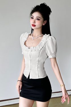 Puff Sleeve White Button-Up Blouse for Women with Square Collar and Waist Tie - French Style Elegant Shirt