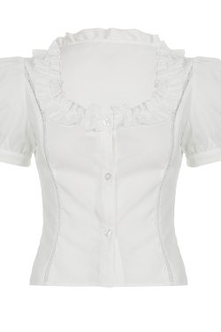 Puff Sleeve White Button-Up Blouse for Women with Square Collar and Waist Tie - French Style Elegant Shirt