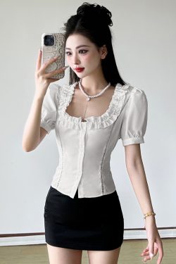Puff Sleeve White Button-Up Blouse for Women with Square Collar and Waist Tie - French Style Elegant Shirt