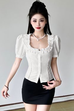 Puff Sleeve White Button-Up Blouse for Women with Square Collar and Waist Tie - French Style Elegant Shirt
