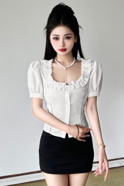Puff Sleeve White Button-Up Blouse for Women with Square Collar and Waist Tie - French Style Elegant Shirt