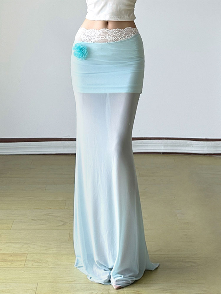 Pure Desire Blue Floral Mesh Lace Spliced Bodycon Skirt - Summer Vacation Style, Three-Dimensional Design, Trendy Y2K Fashion Pure Desire Blue Floral Mesh Lace Spliced Bodycon Skirt - Summer Vacation Style, Three-Dimensional Design, Trendy Y2K Fashion