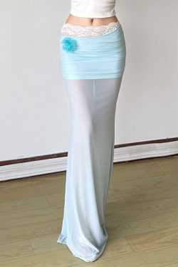 Pure Desire Blue Floral Mesh Lace Spliced Bodycon Skirt - Summer Vacation Style, Three-Dimensional Design, Trendy Y2K Fashion