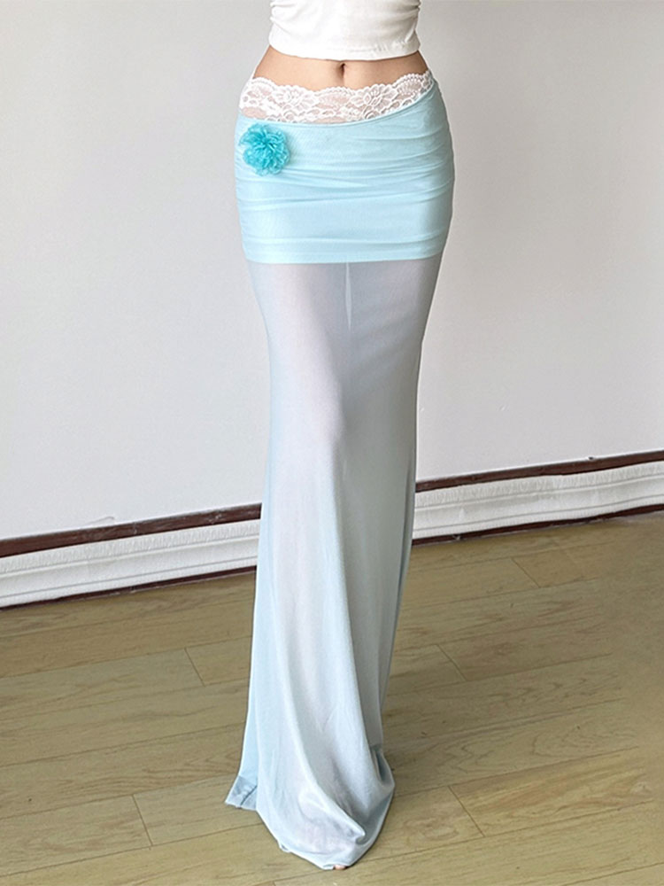 Pure Desire Blue Floral Mesh Lace Spliced Bodycon Skirt - Summer Vacation Style, Three-Dimensional Design, Trendy Y2K Fashion Pure Desire Blue Floral Mesh Lace Spliced Bodycon Skirt - Summer Vacation Style, Three-Dimensional Design, Trendy Y2K Fashion