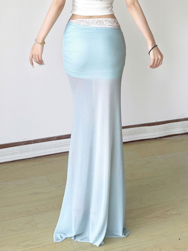 Pure Desire Blue Floral Mesh Lace Spliced Bodycon Skirt - Summer Vacation Style, Three-Dimensional Design, Trendy Y2K Fashion Pure Desire Blue Floral Mesh Lace Spliced Bodycon Skirt - Summer Vacation Style, Three-Dimensional Design, Trendy Y2K Fashion