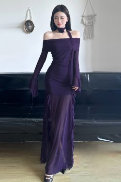 Purple Charm Off-Shoulder Sheer Long Dress with Bell Sleeves - Women’s Bodycon Dress, Elegant Evening Wear, Trendy Fashion