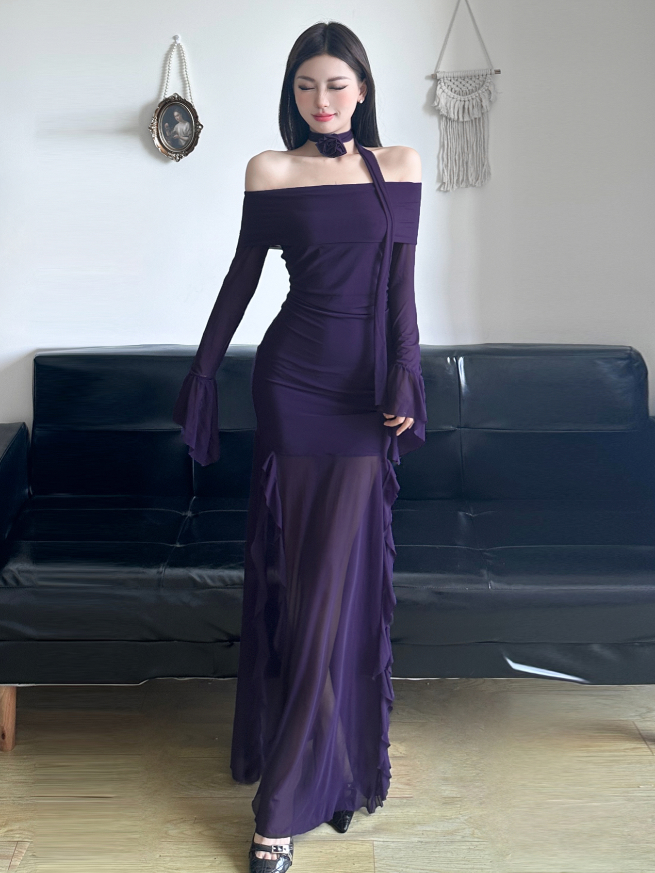 Purple Charm Off-Shoulder Sheer Long Dress with Bell Sleeves - Women’s Bodycon Dress, Elegant Evening Wear, Trendy Fashion Purple Charm Off-Shoulder Sheer Long Dress with Bell Sleeves - Women’s Bodycon Dress, Elegant Evening Wear, Trendy Fashion