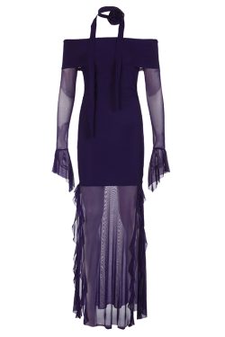 Purple Charm Off-Shoulder Sheer Long Dress with Bell Sleeves - Women’s Bodycon Dress, Elegant Evening Wear, Trendy Fashion