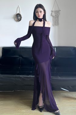 Purple Charm Off-Shoulder Sheer Long Dress with Bell Sleeves - Women’s Bodycon Dress, Elegant Evening Wear, Trendy Fashion