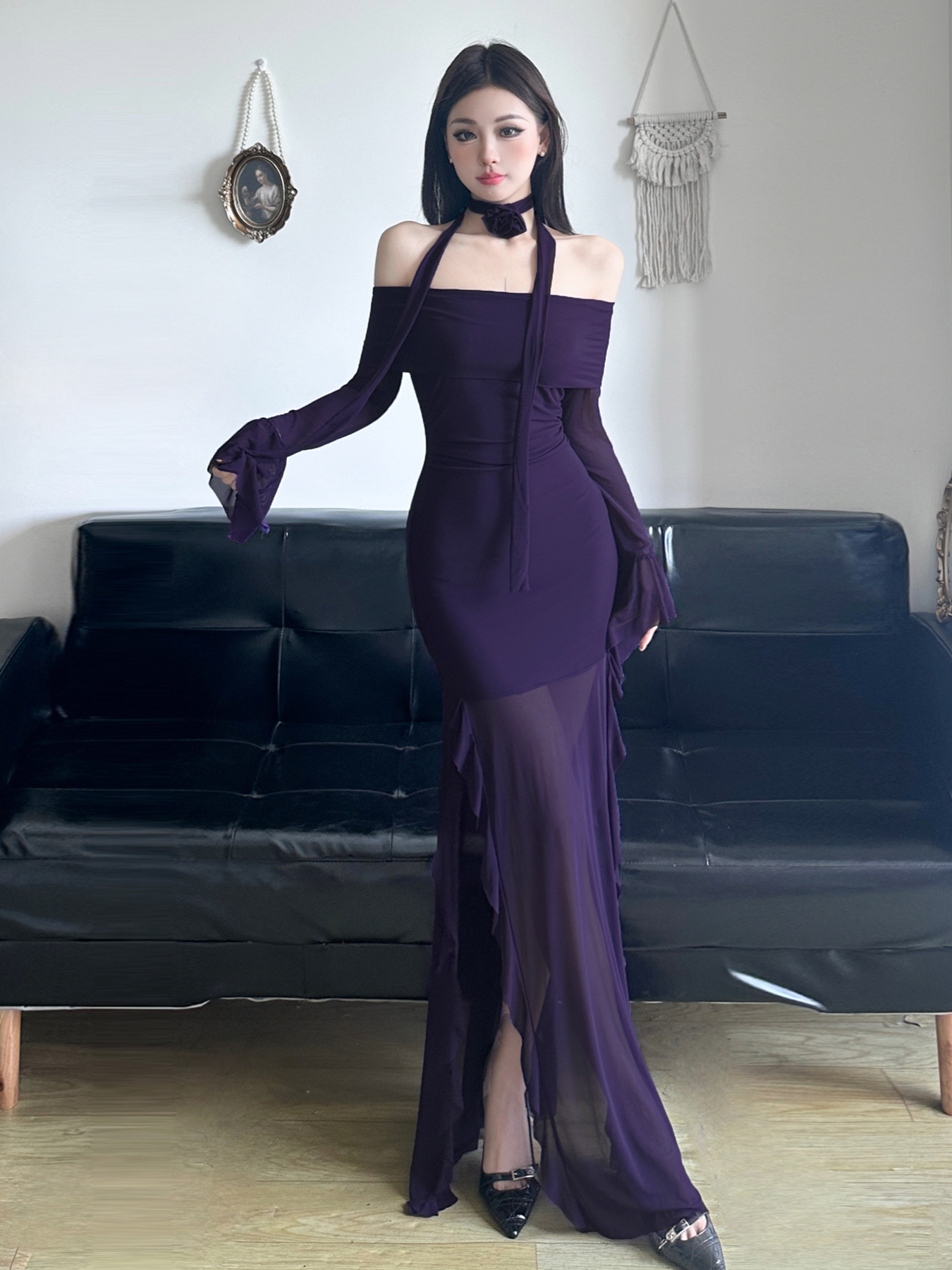 Purple Charm Off-Shoulder Sheer Long Dress with Bell Sleeves - Women’s Bodycon Dress, Elegant Evening Wear, Trendy Fashion Purple Charm Off-Shoulder Sheer Long Dress with Bell Sleeves - Women’s Bodycon Dress, Elegant Evening Wear, Trendy Fashion