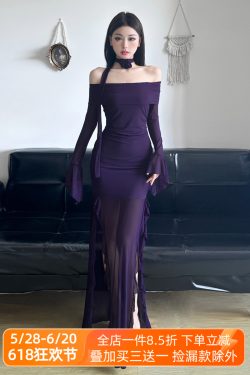 Purple Charm Off-Shoulder Sheer Long Dress with Bell Sleeves - Women’s Bodycon Dress, Elegant Evening Wear, Trendy Fashion