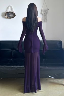 Purple Charm Off-Shoulder Sheer Long Dress with Bell Sleeves - Women’s Bodycon Dress, Elegant Evening Wear, Trendy Fashion