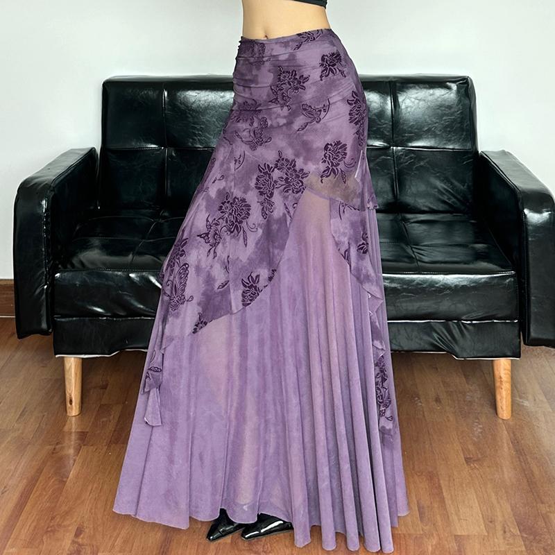 Purple Charm Printed Irregular Hem Mermaid Long Skirt with Elegant Neck Tie Top Set - Y2K Inspired Fashion Outfit Purple Charm Printed Irregular Hem Mermaid Long Skirt with Elegant Neck Tie Top Set - Y2K Inspired Fashion Outfit