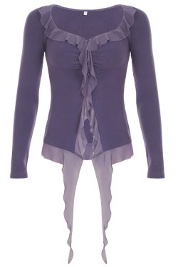 Purple Charm Printed Irregular Hem Mermaid Long Skirt with Elegant Neck Tie Top Set - Y2K Inspired Fashion Outfit