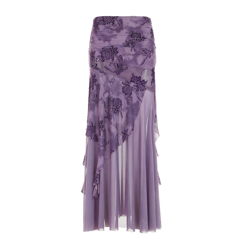 Purple Charm Printed Irregular Hem Mermaid Long Skirt with Elegant Neck Tie Top Set - Y2K Inspired Fashion Outfit Purple Charm Printed Irregular Hem Mermaid Long Skirt with Elegant Neck Tie Top Set - Y2K Inspired Fashion Outfit