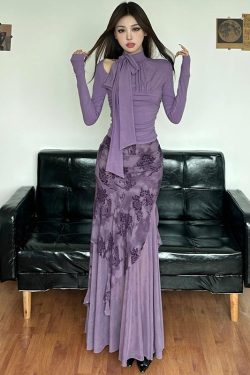 Purple Charm Printed Irregular Hem Mermaid Long Skirt with Elegant Neck Tie Top Set - Y2K Inspired Fashion Outfit