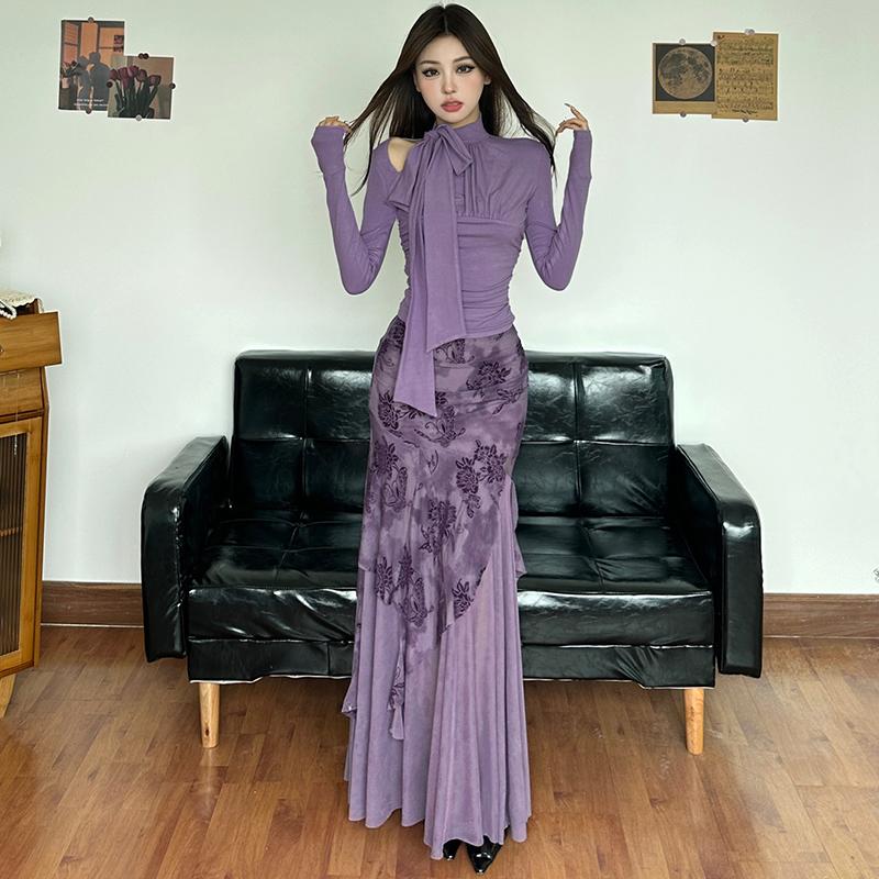 Purple Charm Printed Irregular Hem Mermaid Long Skirt with Elegant Neck Tie Top Set - Y2K Inspired Fashion Outfit Purple Charm Printed Irregular Hem Mermaid Long Skirt with Elegant Neck Tie Top Set - Y2K Inspired Fashion Outfit