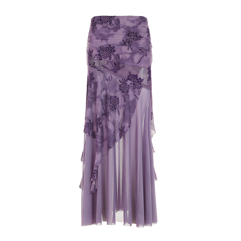 Purple Charm Printed Irregular Hem Mermaid Long Skirt with Elegant Neck Tie Top Set - Y2K Inspired Fashion Outfit Purple Charm Printed Irregular Hem Mermaid Long Skirt with Elegant Neck Tie Top Set - Y2K Inspired Fashion Outfit