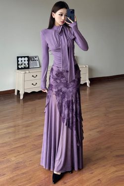 Purple Charm Printed Irregular Hem Mermaid Long Skirt with Elegant Neck Tie Top Set - Y2K Inspired Fashion Outfit