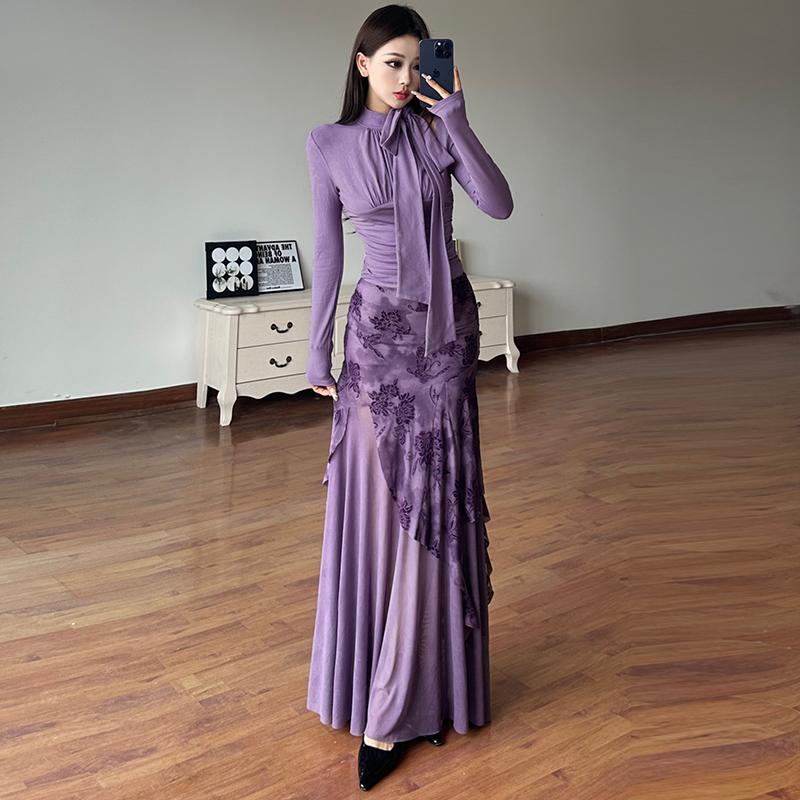Purple Charm Printed Irregular Hem Mermaid Long Skirt with Elegant Neck Tie Top Set - Y2K Inspired Fashion Outfit Purple Charm Printed Irregular Hem Mermaid Long Skirt with Elegant Neck Tie Top Set - Y2K Inspired Fashion Outfit