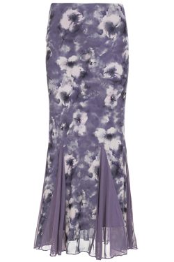 Purple Charm Printed Irregular Hem Mermaid Long Skirt with Elegant Neck Tie Top Set - Y2K Inspired Fashion Outfit