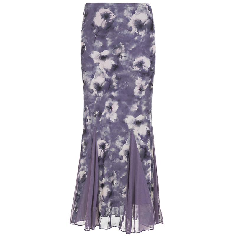 Purple Charm Printed Irregular Hem Mermaid Long Skirt with Elegant Neck Tie Top Set - Y2K Inspired Fashion Outfit Purple Charm Printed Irregular Hem Mermaid Long Skirt with Elegant Neck Tie Top Set - Y2K Inspired Fashion Outfit