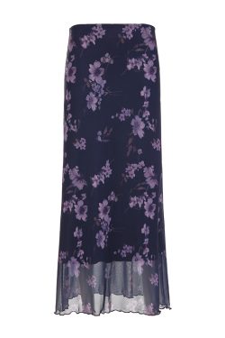 Purple Floral Mesh Long Skirt - Women's Retro Chinese Style Low Waist Vintage Maxi Skirt, Y2K Inspired Fashion