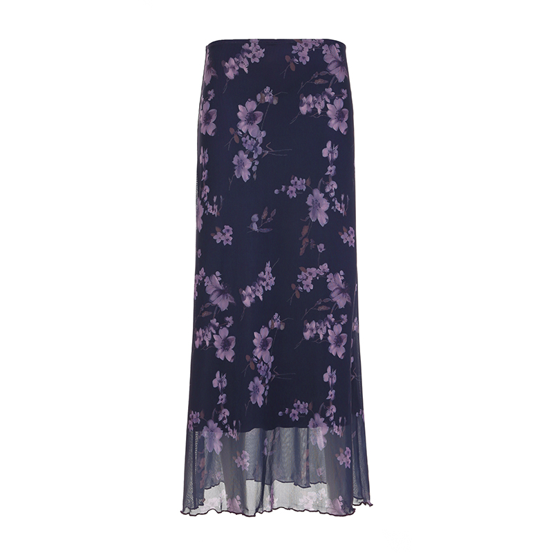 Purple Floral Mesh Long Skirt - Women's Retro Chinese Style Low Waist Vintage Maxi Skirt, Y2K Inspired Fashion Purple Floral Mesh Long Skirt - Women's Retro Chinese Style Low Waist Vintage Maxi Skirt, Y2K Inspired Fashion
