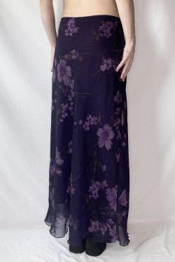 Purple Floral Mesh Long Skirt - Women's Retro Chinese Style Low Waist Vintage Maxi Skirt, Y2K Inspired Fashion