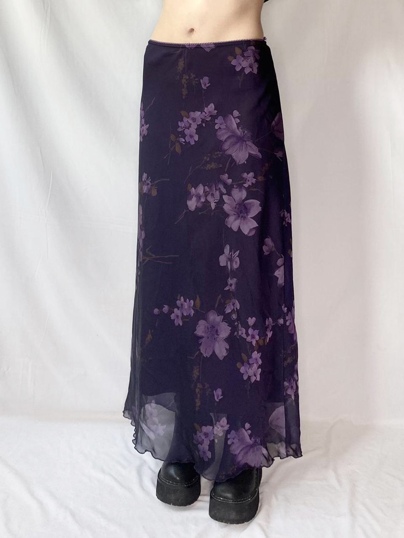 Purple Floral Mesh Long Skirt - Women's Retro Chinese Style Low Waist Vintage Maxi Skirt, Y2K Inspired Fashion Purple Floral Mesh Long Skirt - Women's Retro Chinese Style Low Waist Vintage Maxi Skirt, Y2K Inspired Fashion