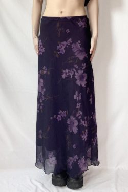 Purple Floral Mesh Long Skirt - Women's Retro Chinese Style Low Waist Vintage Maxi Skirt, Y2K Inspired Fashion