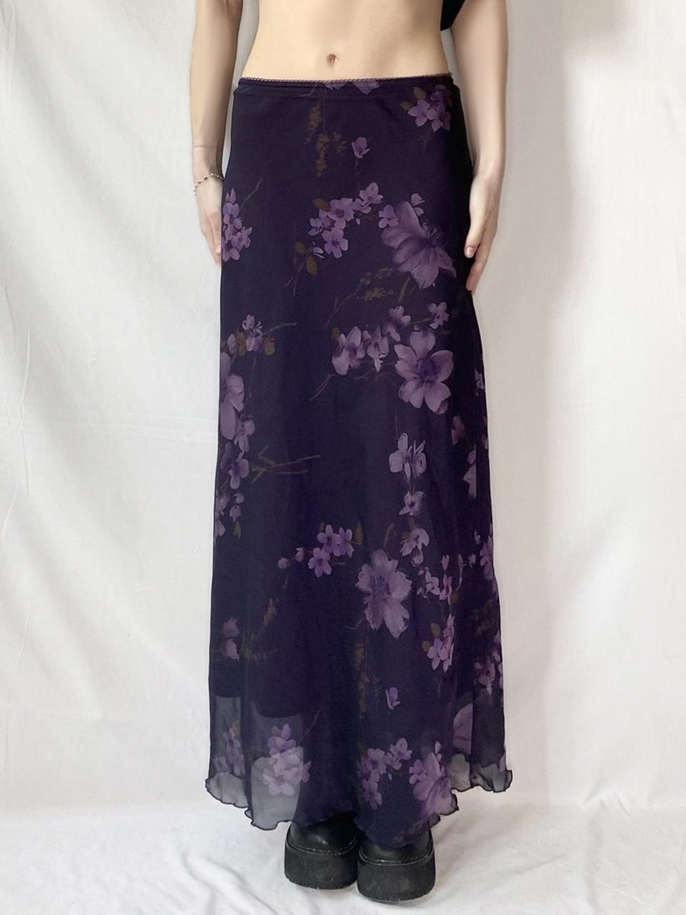 Purple Floral Mesh Long Skirt - Women's Retro Chinese Style Low Waist Vintage Maxi Skirt, Y2K Inspired Fashion Purple Floral Mesh Long Skirt - Women's Retro Chinese Style Low Waist Vintage Maxi Skirt, Y2K Inspired Fashion