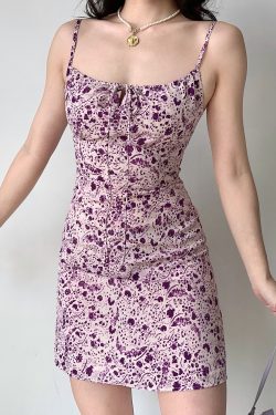 Purple Floral Spaghetti Strap Dress for Women - Sexy A-Line Short Skirt, Summer Waist-Cinched Style, European American Fashion