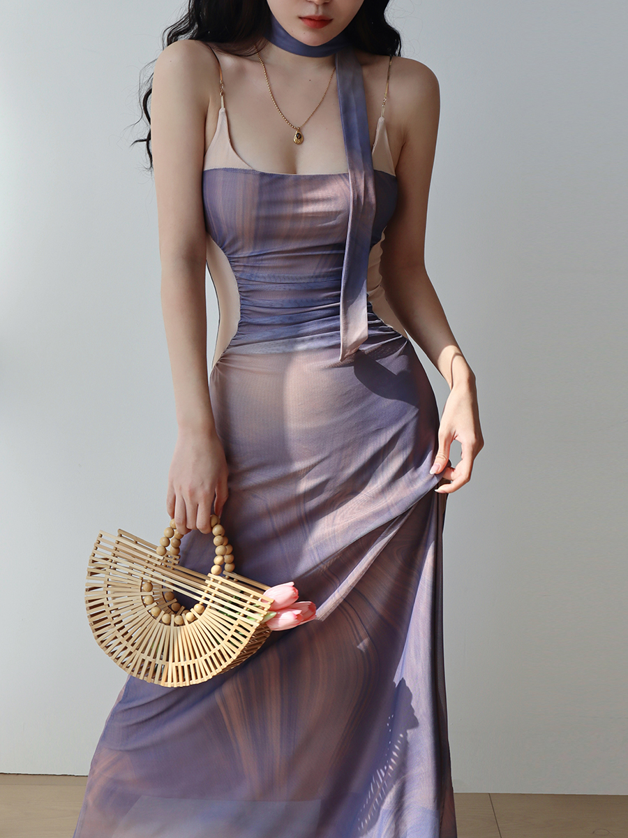 Purple Off-Shoulder Sling Dress for Women - French Vacation Style Island Oil Painting Design, Sexy Slim Fit Long Dress Purple Off-Shoulder Sling Dress for Women - French Vacation Style Island Oil Painting Design, Sexy Slim Fit Long Dress