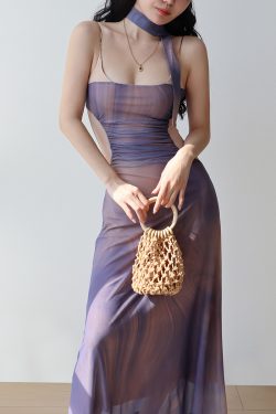 Purple Off-Shoulder Sling Dress for Women - French Vacation Style Island Oil Painting Design, Sexy Slim Fit Long Dress