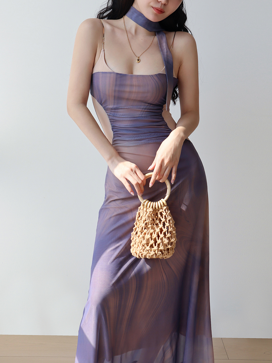 Purple Off-Shoulder Sling Dress for Women - French Vacation Style Island Oil Painting Design, Sexy Slim Fit Long Dress Purple Off-Shoulder Sling Dress for Women - French Vacation Style Island Oil Painting Design, Sexy Slim Fit Long Dress