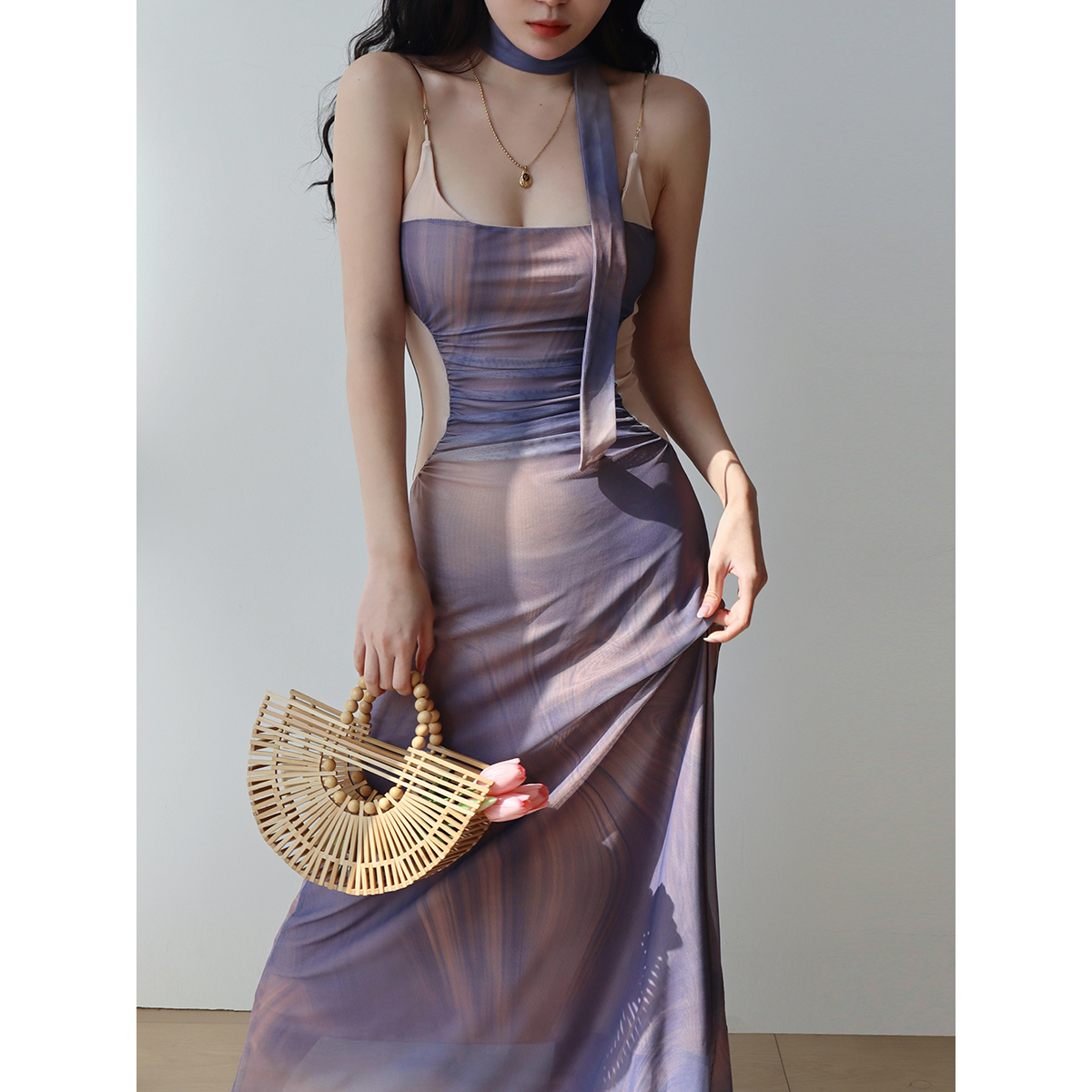 Purple Off-Shoulder Sling Dress for Women - French Vacation Style Island Oil Painting Design, Sexy Slim Fit Long Dress Purple Off-Shoulder Sling Dress for Women - French Vacation Style Island Oil Painting Design, Sexy Slim Fit Long Dress