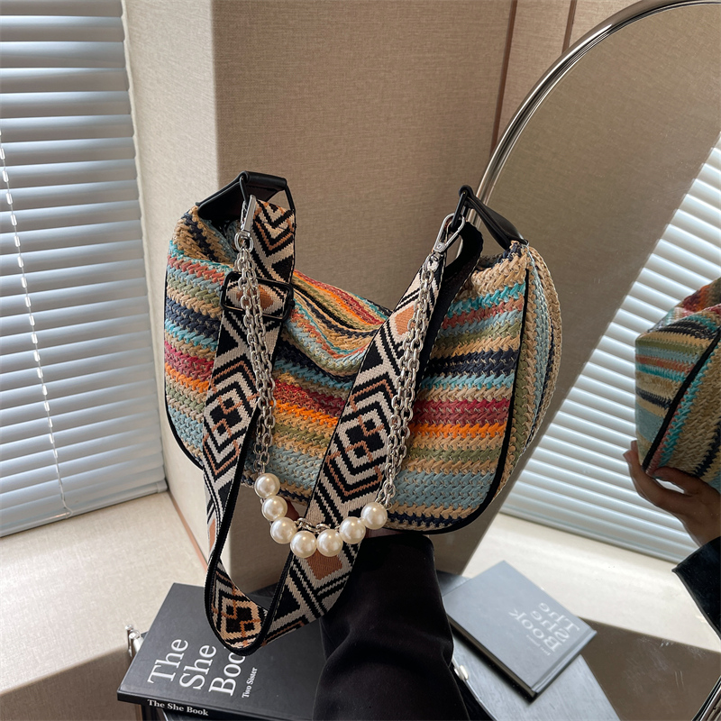 Rainbow Straw Woven Bag for Women - Large Capacity Beach Crossbody Dumpling Bag for Summer Commuting and Vacation Rainbow Straw Woven Bag for Women - Large Capacity Beach Crossbody Dumpling Bag for Summer Commuting and Vacation