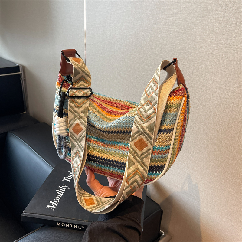 Rainbow Straw Woven Bag for Women - Large Capacity Beach Crossbody Dumpling Bag for Summer Commuting and Vacation Rainbow Straw Woven Bag for Women - Large Capacity Beach Crossbody Dumpling Bag for Summer Commuting and Vacation