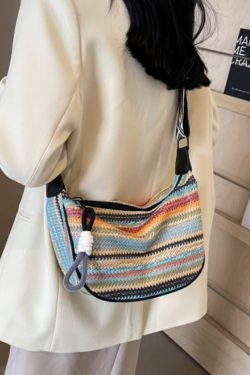 Rainbow Straw Woven Bag for Women - Large Capacity Beach Crossbody Dumpling Bag for Summer Commuting and Vacation
