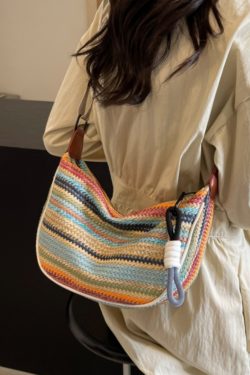 Rainbow Straw Woven Bag for Women - Large Capacity Beach Crossbody Dumpling Bag for Summer Commuting and Vacation