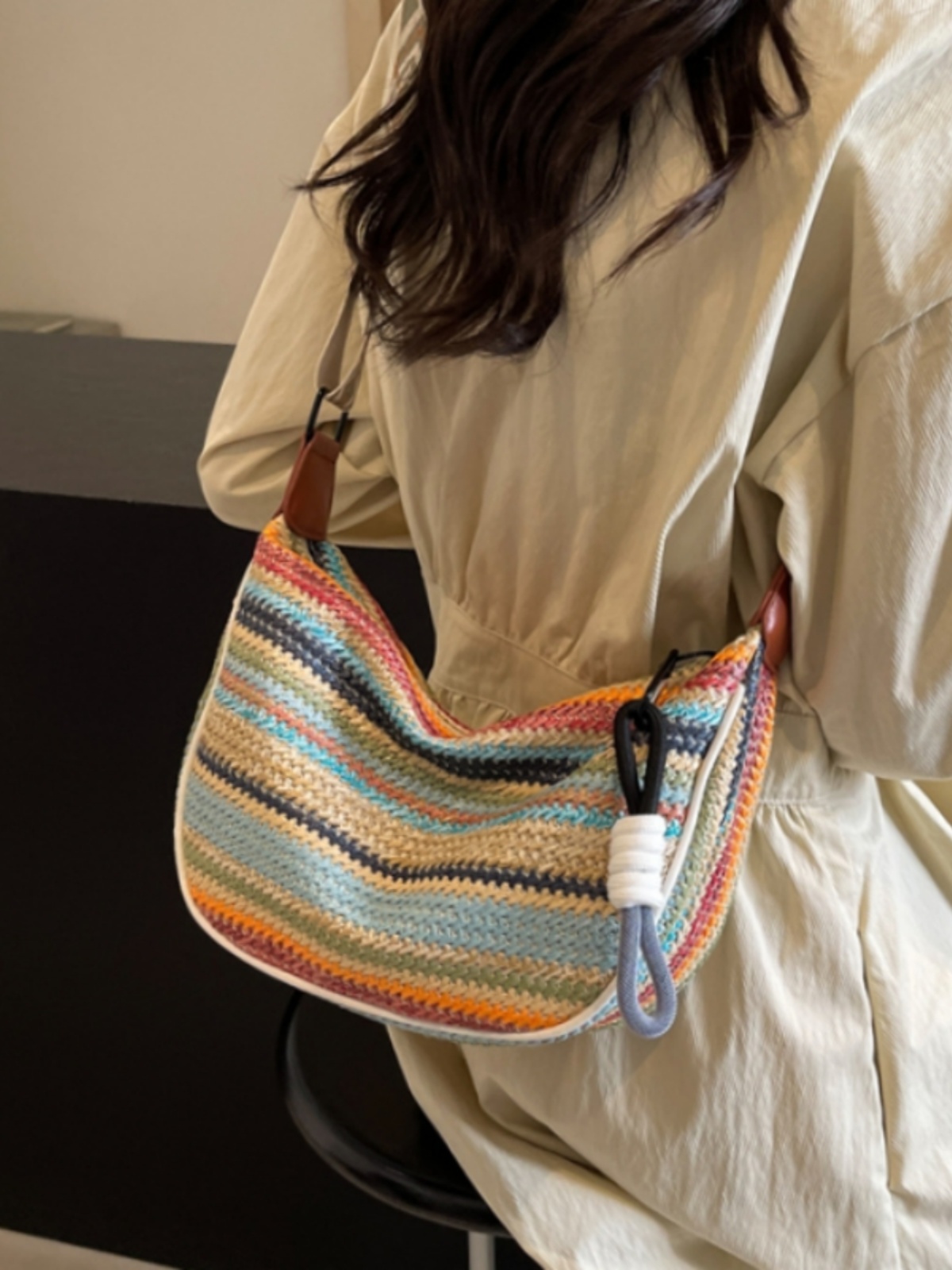 Rainbow Straw Woven Bag for Women - Large Capacity Beach Crossbody Dumpling Bag for Summer Commuting and Vacation Rainbow Straw Woven Bag for Women - Large Capacity Beach Crossbody Dumpling Bag for Summer Commuting and Vacation