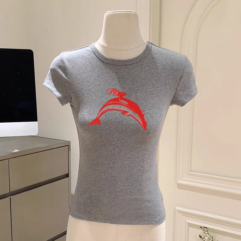 Red Dolphin Print Slim-Fit T-Shirt - Round Neck, Short Sleeves, Y2K Style for Trendy Casual Wear Red Dolphin Print Slim-Fit T-Shirt - Round Neck, Short Sleeves, Y2K Style for Trendy Casual Wear