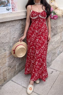 Red Floral Lace-Trimmed Waist-Cinching Camisole Long Dress - Handmade French Vintage Style for Spring/Summer 2025 Vacation Wear