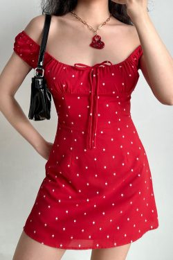 Red Floral Polka Dot Front Tie A-Line Dress - Slim Fit Short Skirt for Hot Girl Style, Inspired by European and American Fashion