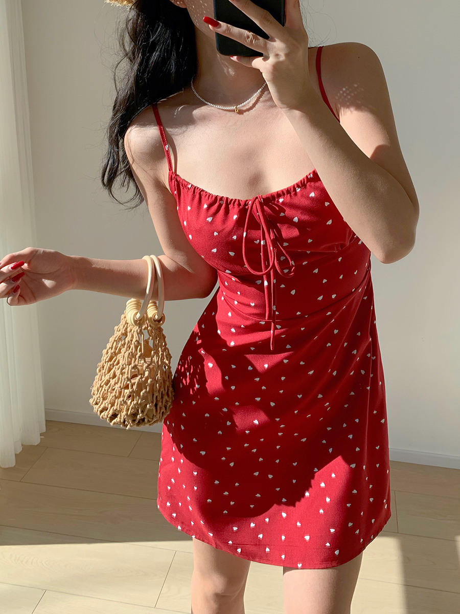 Red Floral Tie Strap Short Dress - Waist-Defining Slimming Vacation Style for Fresh Girls - Perfect for 90s and Y2K Fashion Lovers Red Floral Tie Strap Short Dress - Waist-Defining Slimming Vacation Style for Fresh Girls - Perfect for 90s and Y2K Fashion Lovers