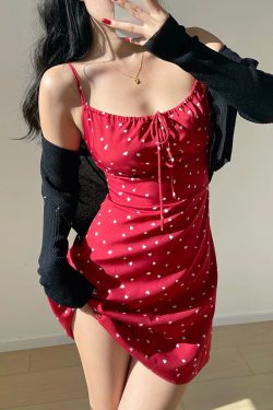 Red Floral Tie Strap Short Dress - Waist-Defining Slimming Vacation Style for Fresh Girls - Perfect for 90s and Y2K Fashion Lovers