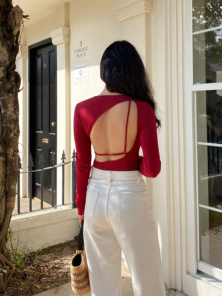 Red Hollow Out Round Neck Bodysuit for Women - Sexy Backless Long Sleeve Tight T-Shirt with Chest Pad - Y2K Fashion Red Hollow Out Round Neck Bodysuit for Women - Sexy Backless Long Sleeve Tight T-Shirt with Chest Pad - Y2K Fashion